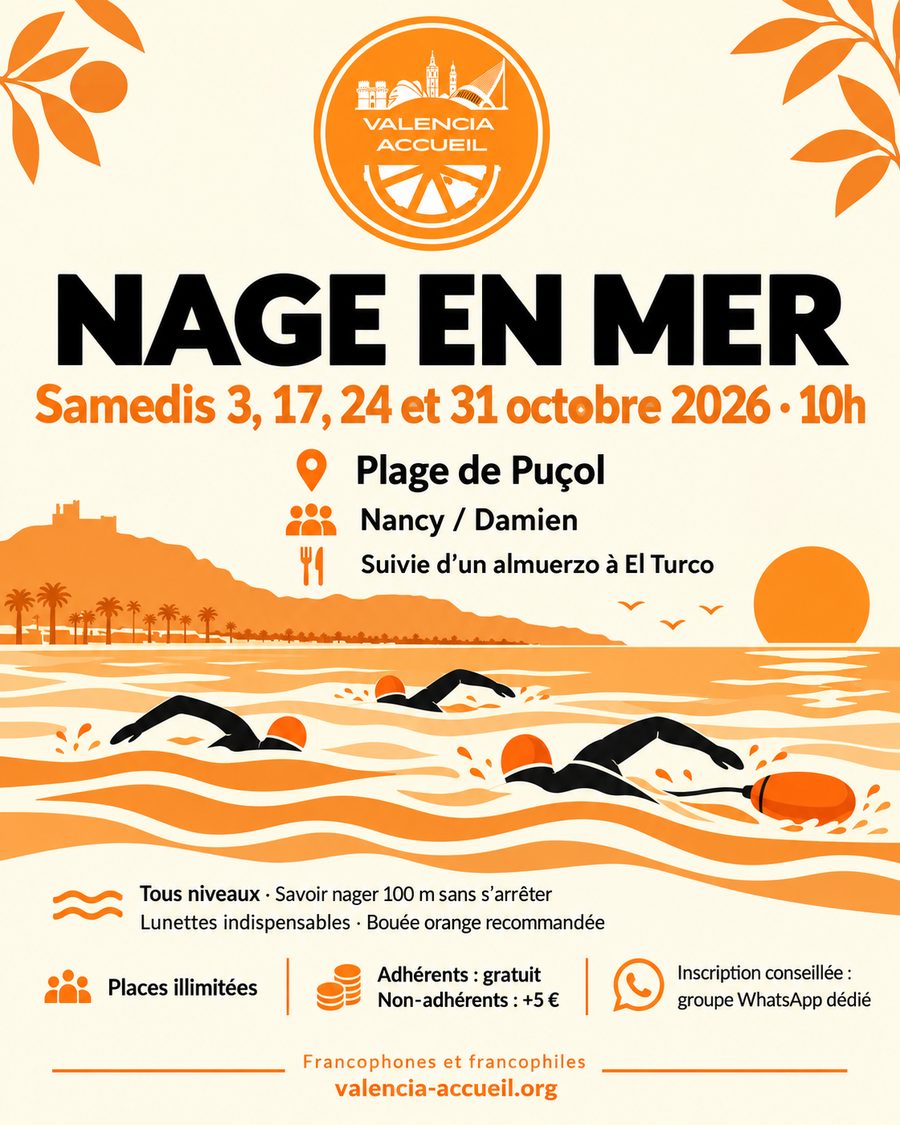 Affiche Nage en mer à la plage de Puçol, samedis d’octobre 2026